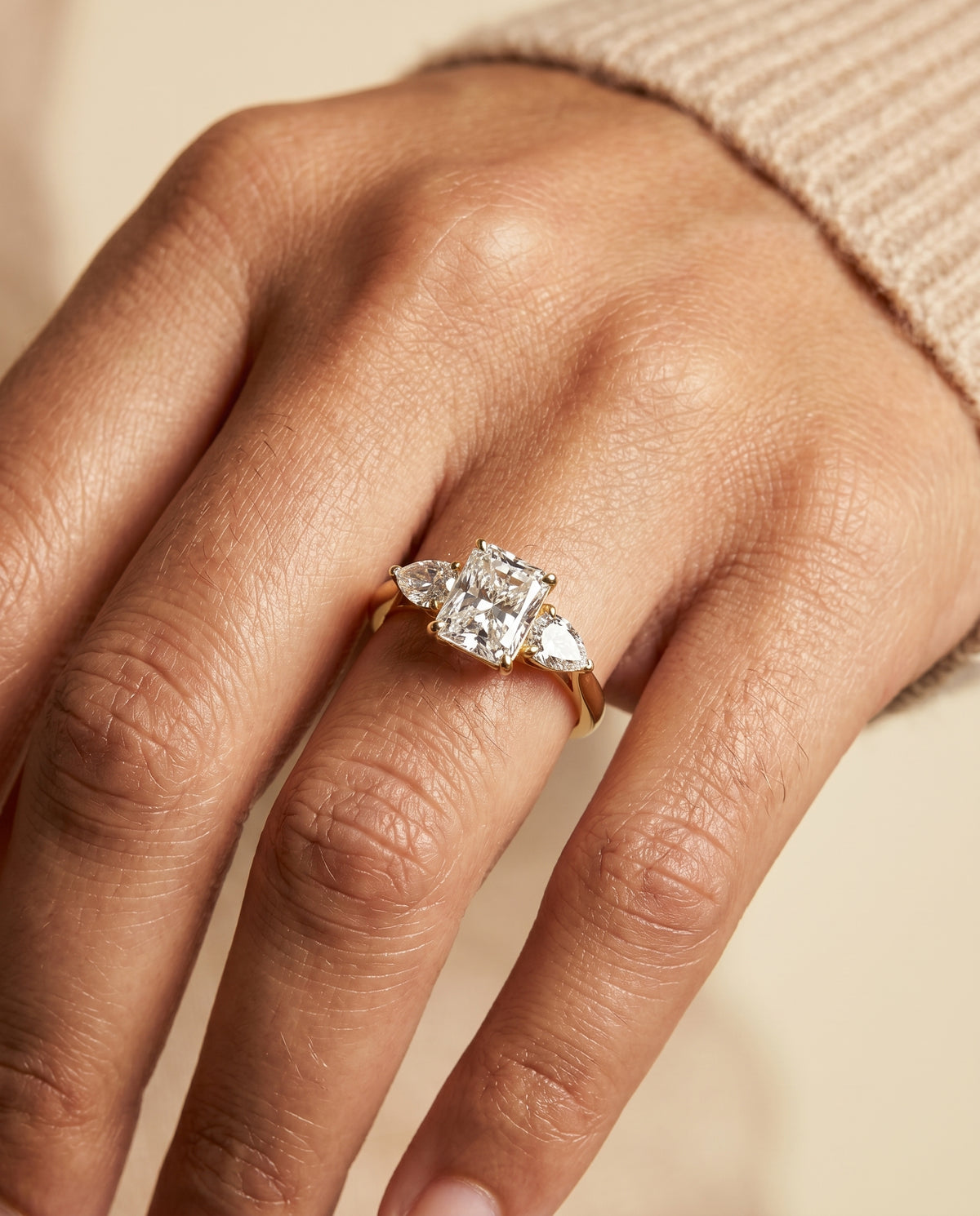 The Angelica engagement ring setting in 18K Yellow Gold, three stone matched cut design | RockHer