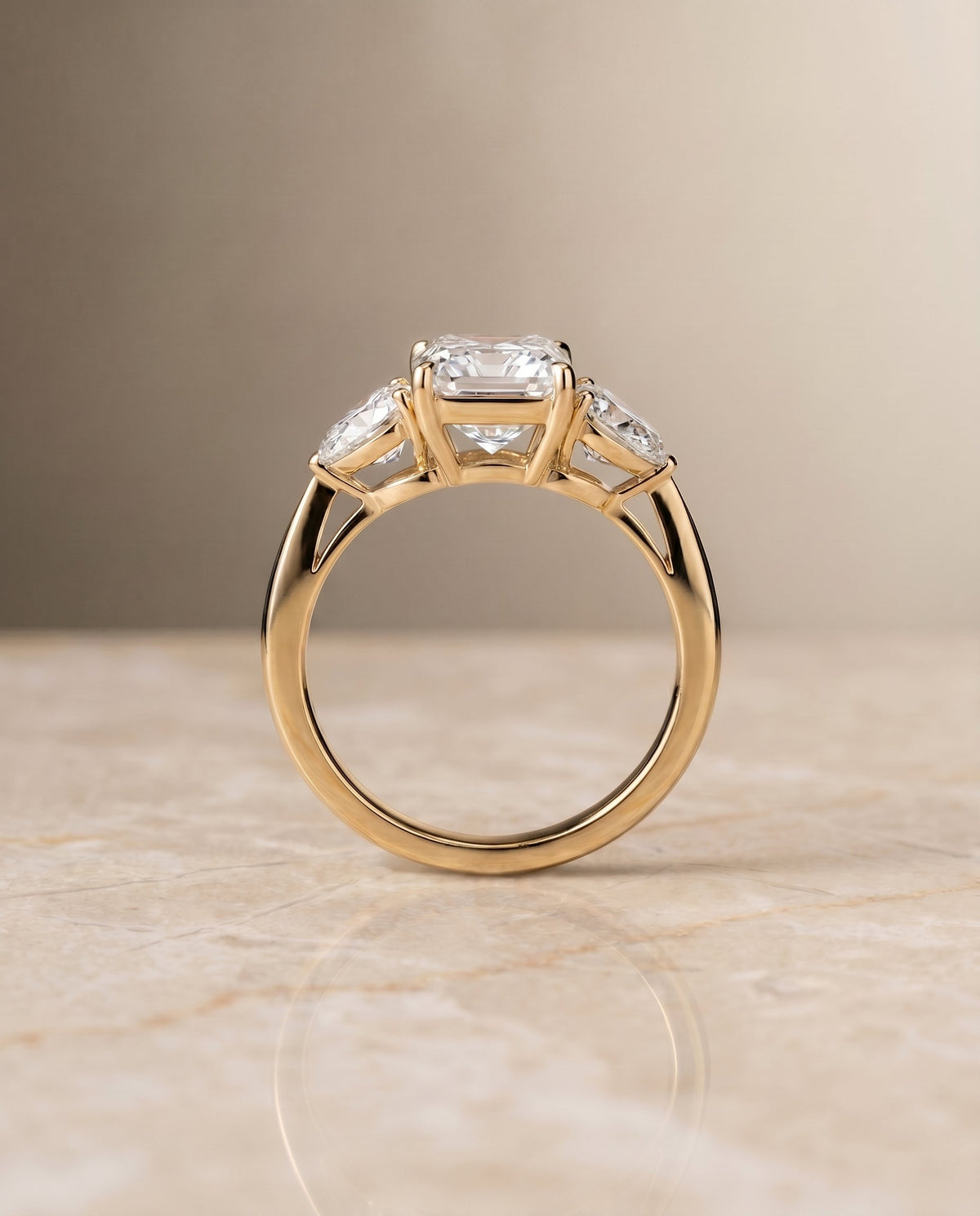 Angelica Select Three Stone Radiant Cut Lab Diamond Engagement Ring in 18K Yellow Gold, side view | RockHer