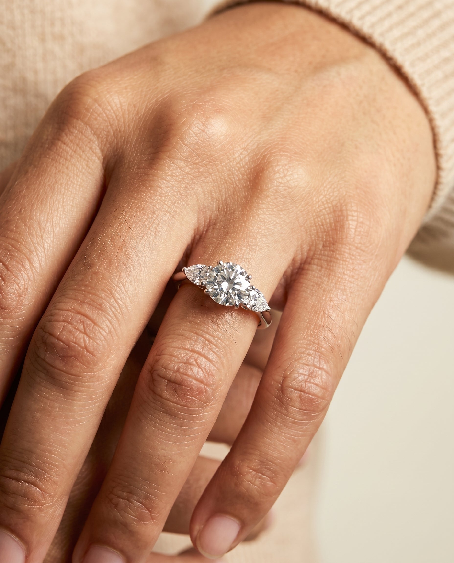 The Angelica engagement ring setting in Platinum, three stone matched design | RockHer