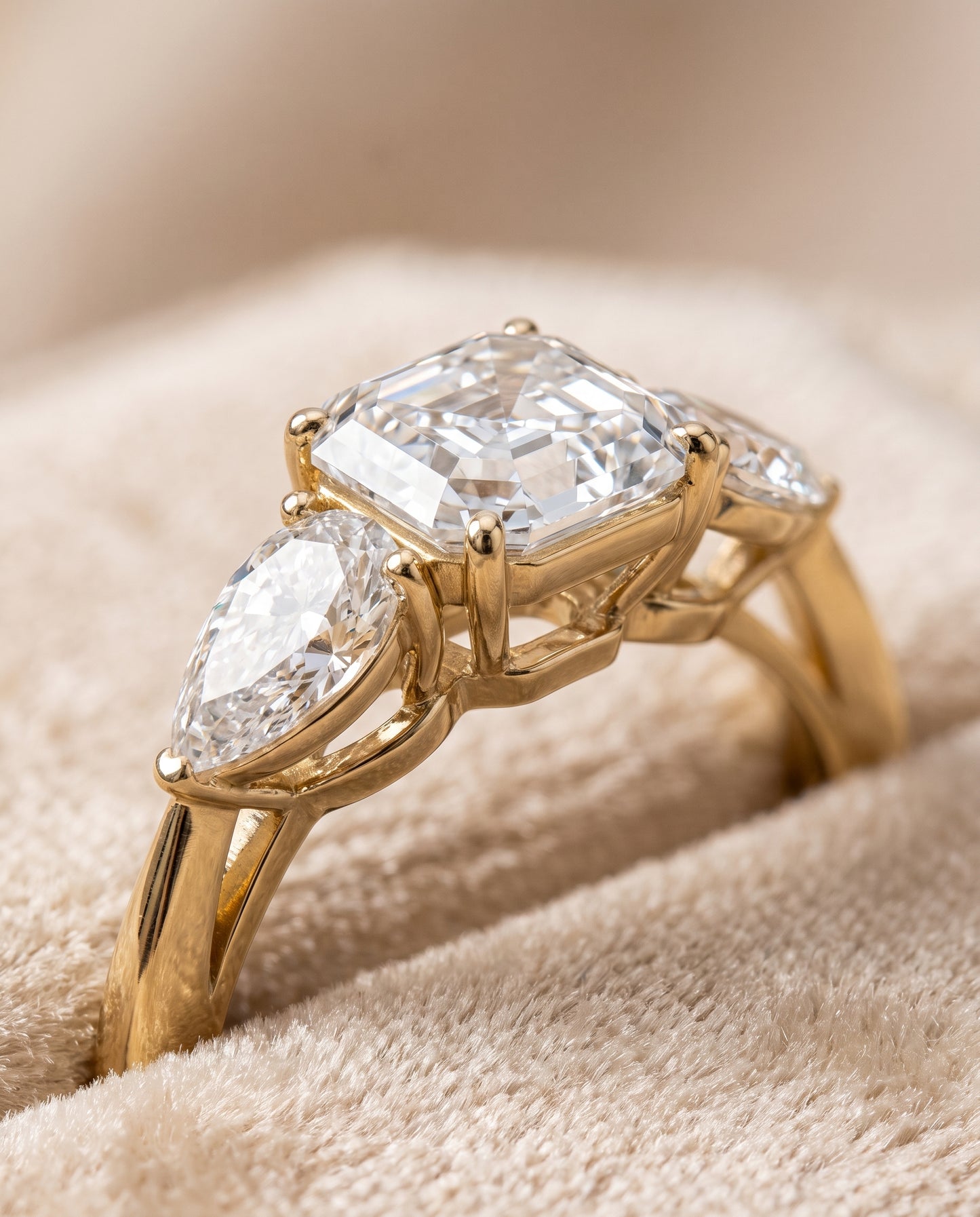 The Angelica Three Stone Matched Asscher Cut Engagement Ring Setting in 18K Yellow Gold