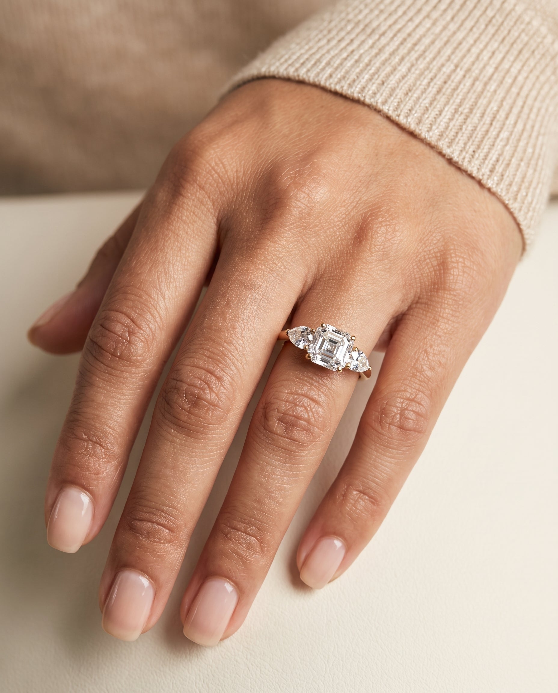 The Angelica engagement ring setting in 18K Yellow Gold, three stone matched cut design | RockHer