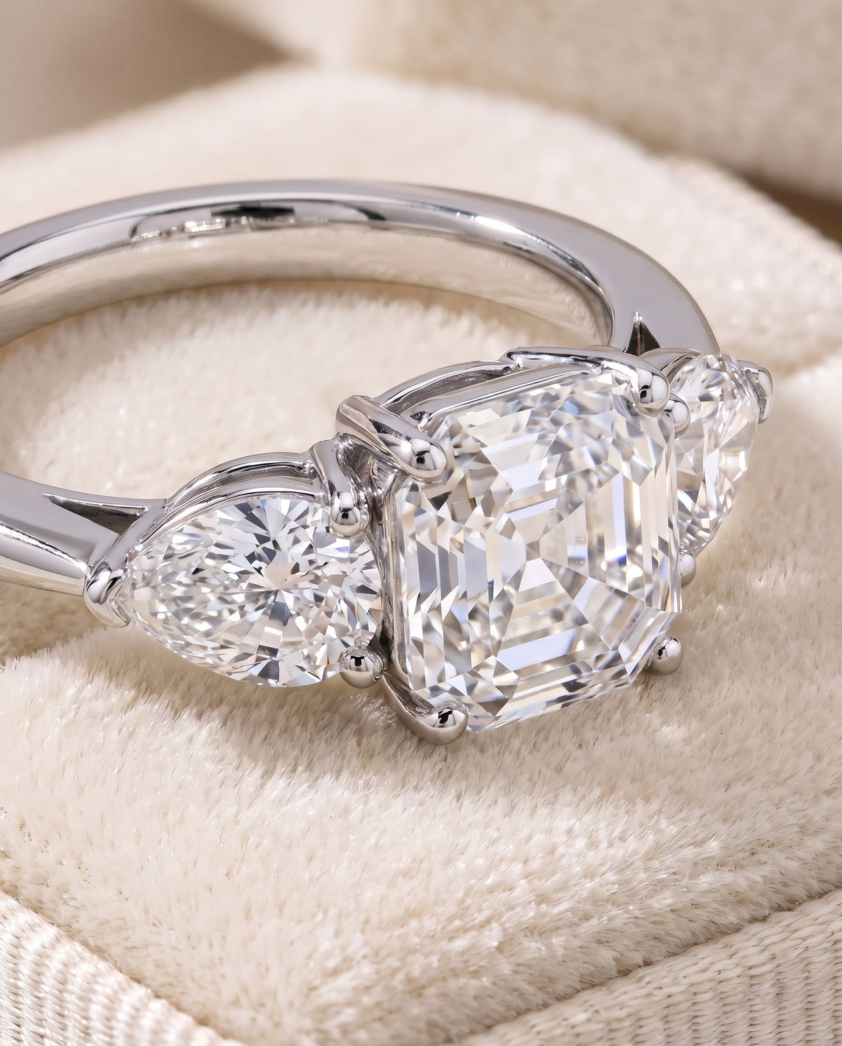 The Angelica Three Stone Matched Asscher Cut Engagement Ring Setting in Platinum
