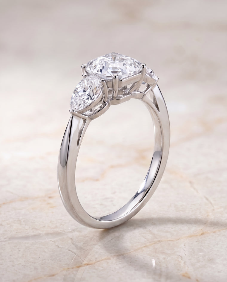 The Angelica Three Stone Matched Asscher Cut Engagement Ring Setting in Platinum
