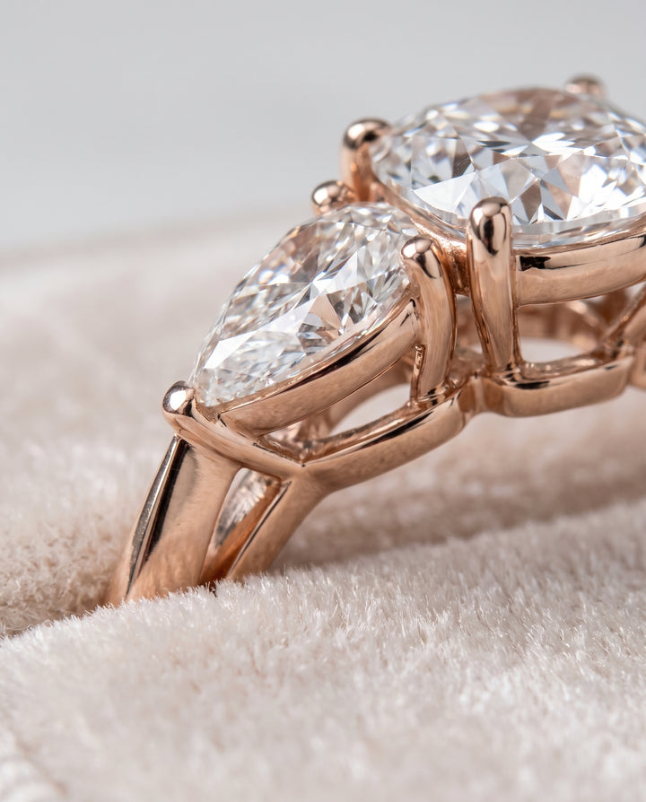 The Angelica Three Stone Matched Cushion Cut Engagement Ring Setting in 14K Rose Gold