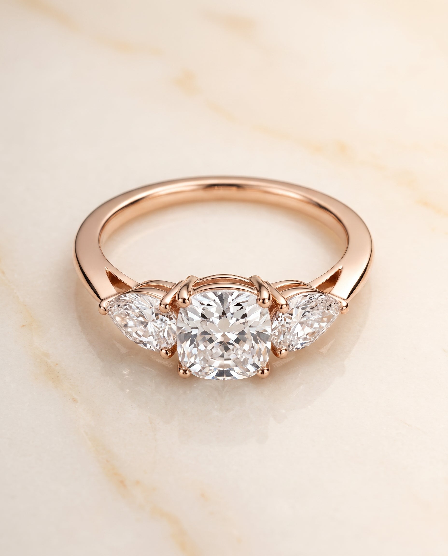 The Angelica Three Stone Matched Cushion Cut Engagement Ring Setting in 14K Rose Gold