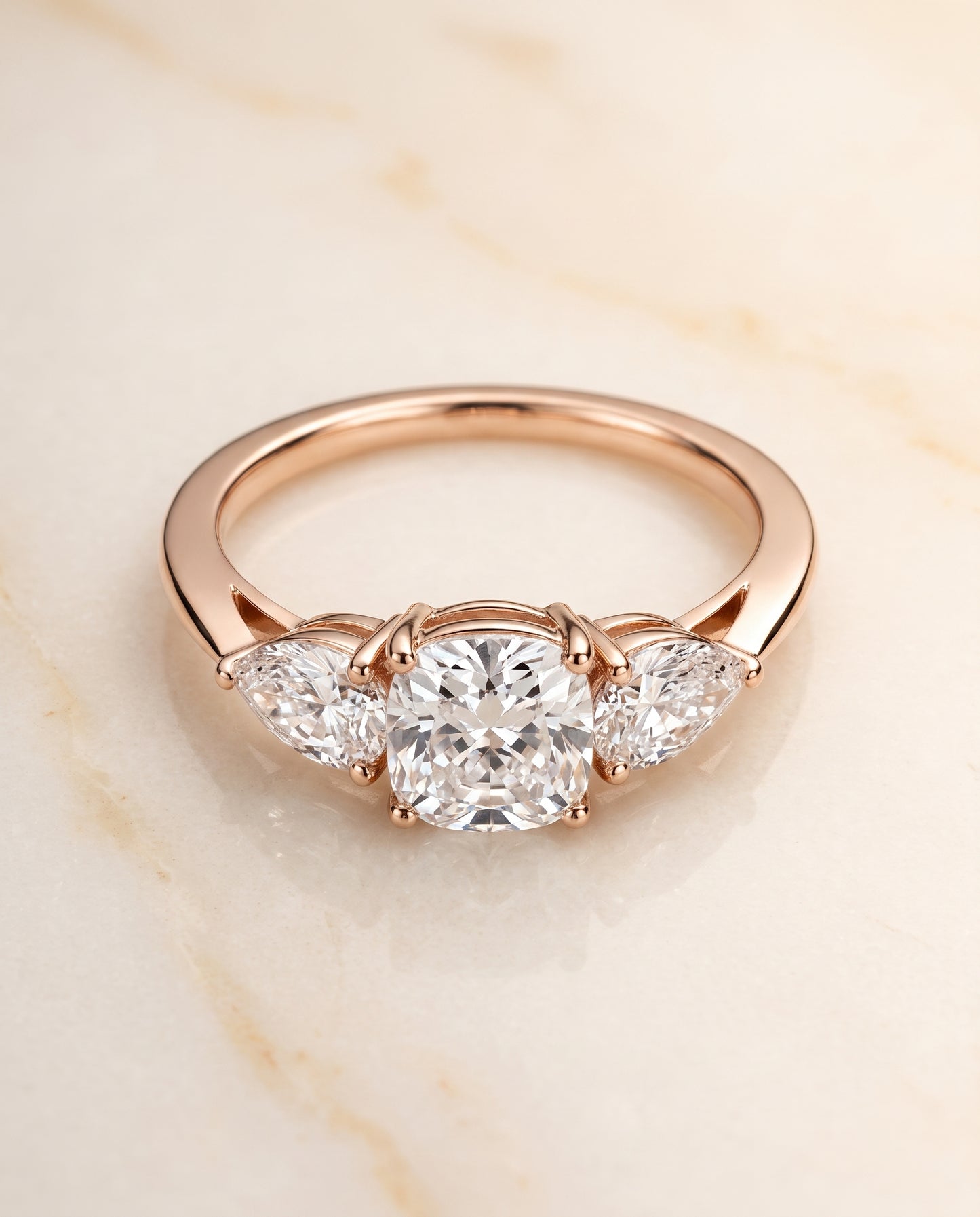 The Angelica Three Stone Matched Cushion Cut Engagement Ring Setting in 14K Rose Gold