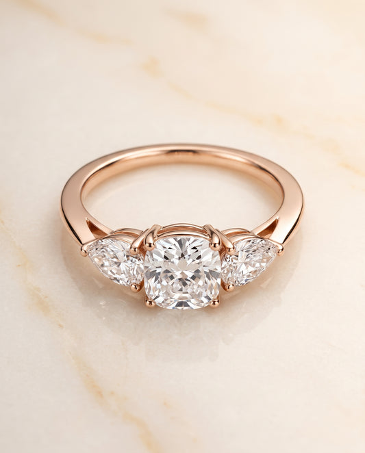 The Angelica Three Stone Matched Cushion Cut Engagement Ring Setting in 14K Rose Gold