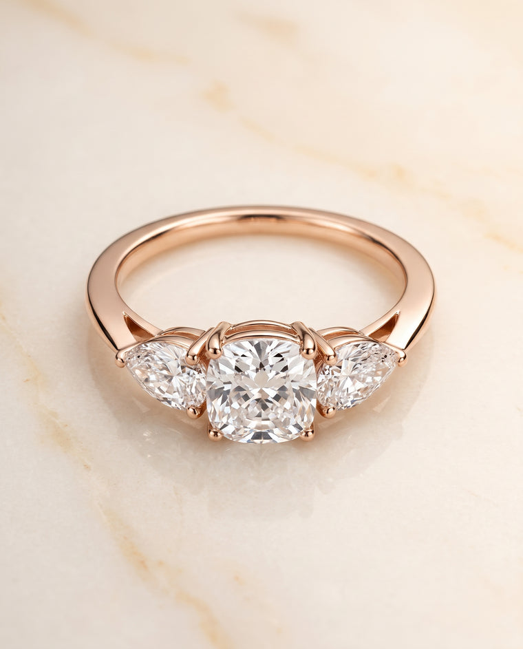 The Angelica Three Stone Matched Cushion Cut Engagement Ring Setting in 14K Rose Gold