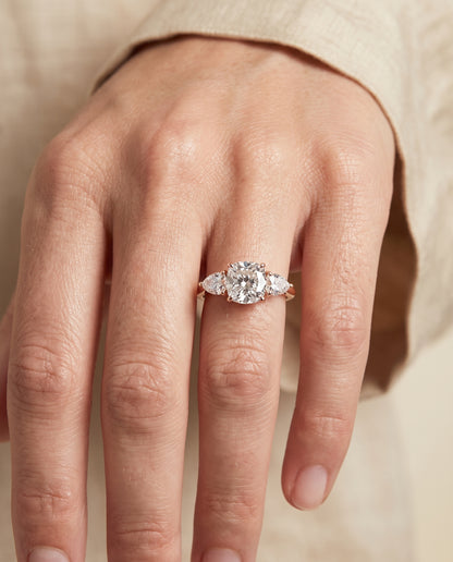The Angelica Three Stone Matched Cushion Cut Engagement Ring Setting in 14K Rose Gold