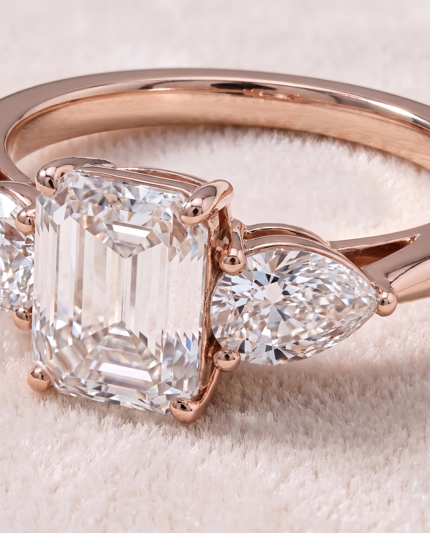 The Angelica Three Stone Matched Emerald Cut Engagement Ring Setting in 14K Rose Gold