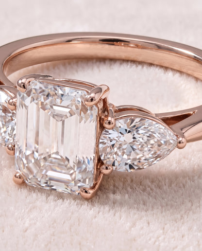 The Angelica Three Stone Matched Emerald Cut Engagement Ring Setting in 14K Rose Gold