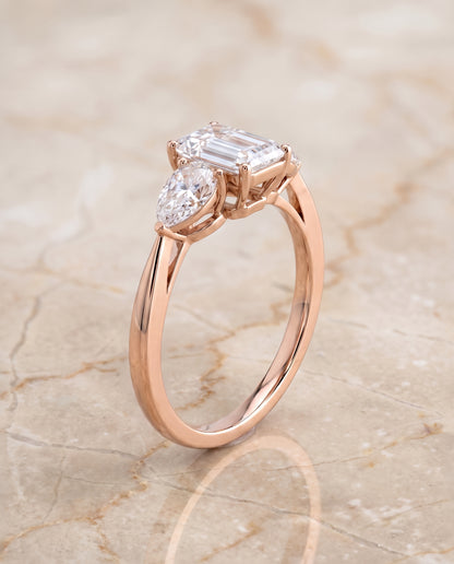 The Angelica Three Stone Matched Emerald Cut Engagement Ring Setting in 14K Rose Gold