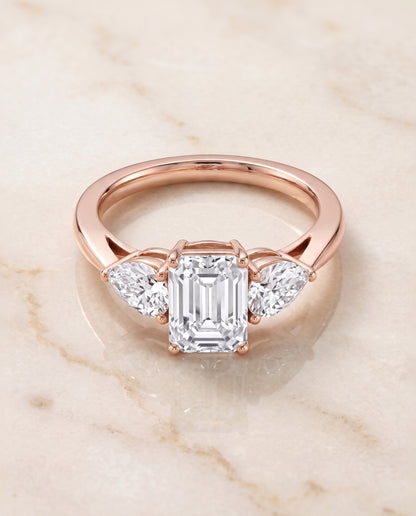 The Angelica Three Stone Matched Emerald Cut Engagement Ring Setting in 14K Rose Gold