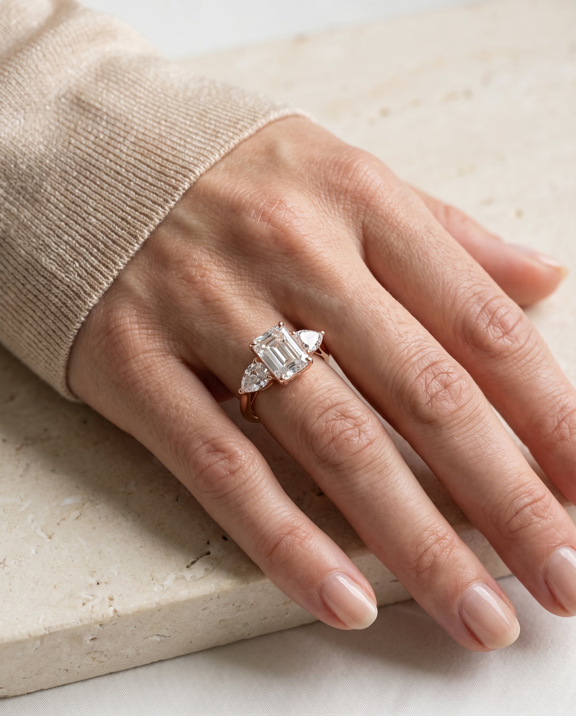 The Angelica Three Stone Matched Emerald Cut Engagement Ring Setting in 14K Rose Gold