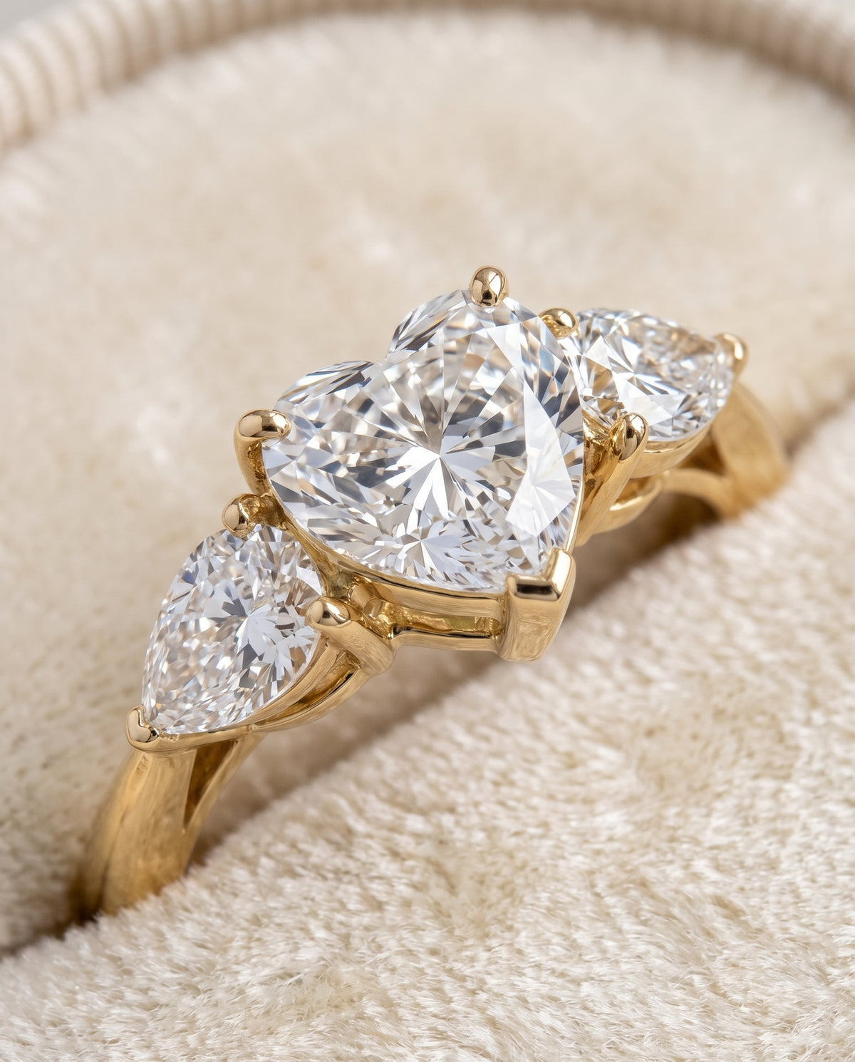 The Angelica Three Stone Matched Heart Engagement Ring Setting in 18K Yellow Gold