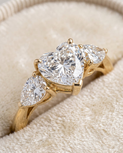 The Angelica Three Stone Matched Heart Engagement Ring Setting in 18K Yellow Gold