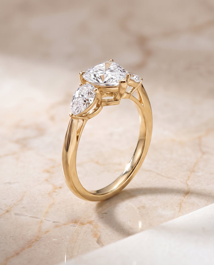 The Angelica Three Stone Matched Heart Engagement Ring Setting in 18K Yellow Gold