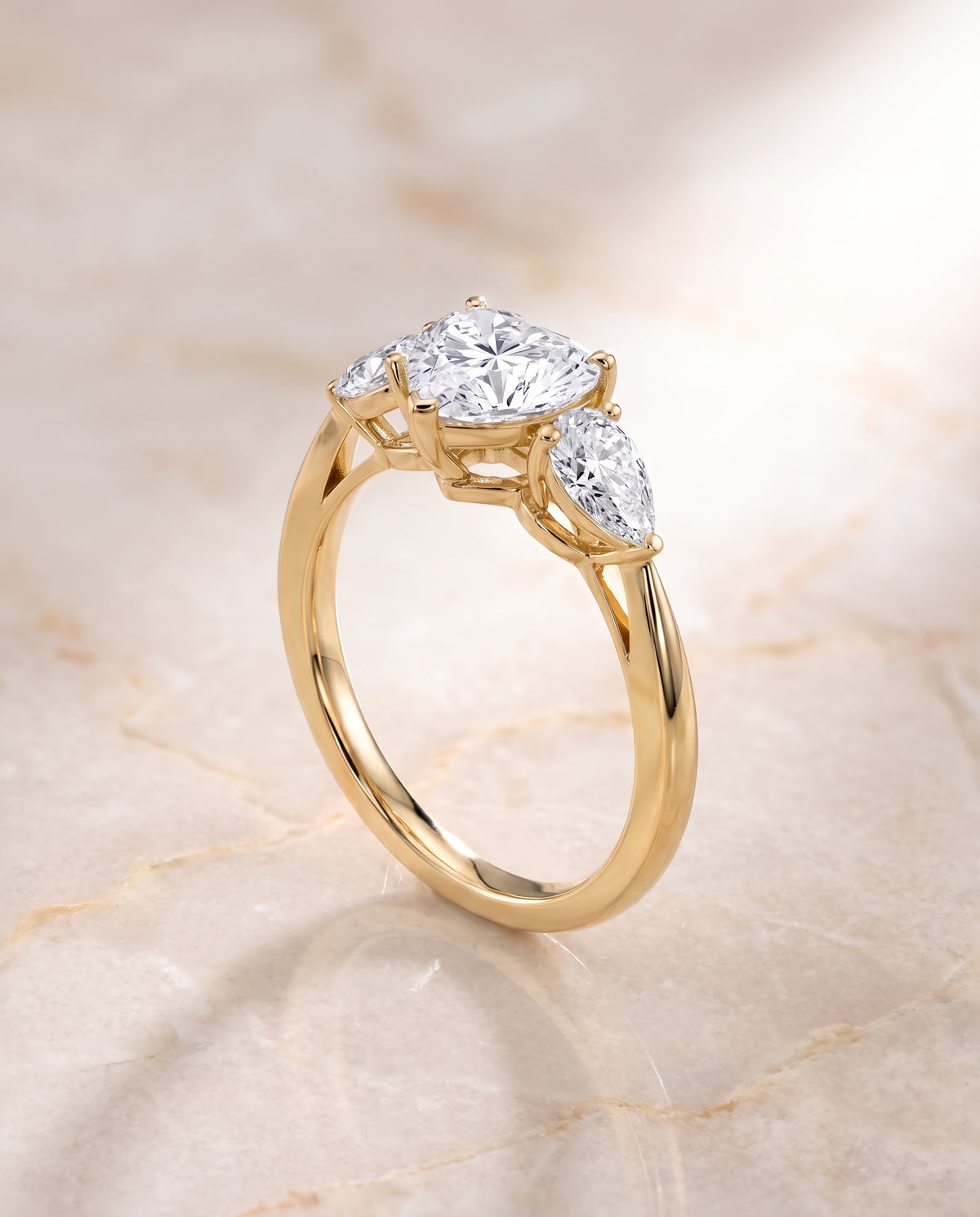 The Angelica Three Stone Matched Heart Engagement Ring Setting in 18K Yellow Gold