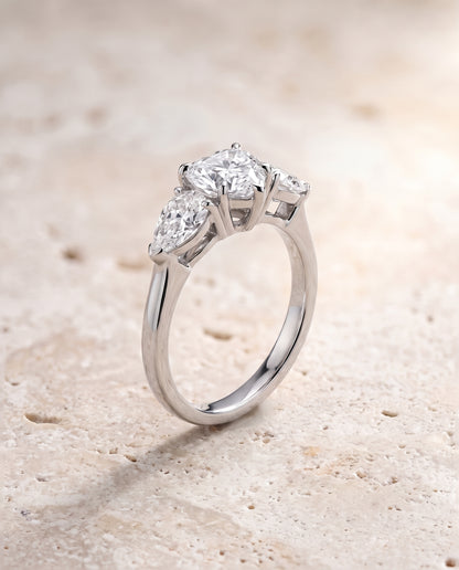 The Angelica Three Stone Matched Heart Engagement Ring Setting in Platinum