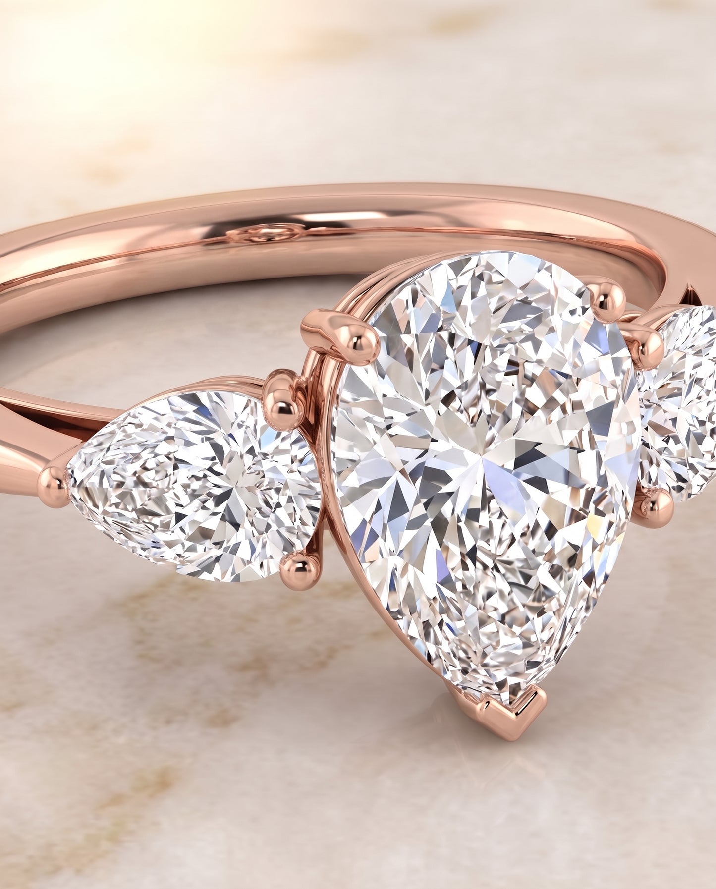 The Angelica Three Stone Matched Pear Engagement Ring Setting in 14K Rose Gold