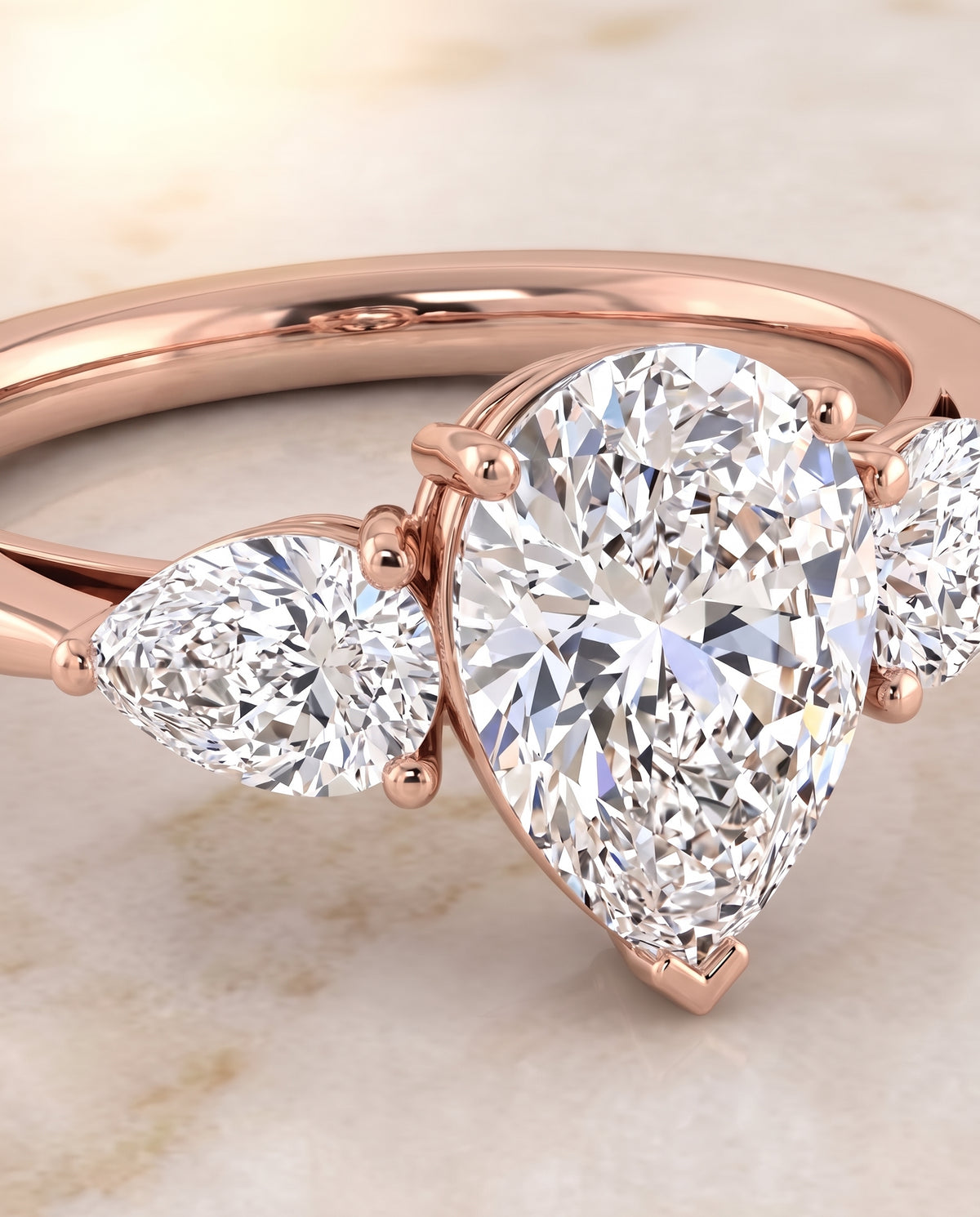 The Angelica Three Stone Matched Pear Engagement Ring Setting in 14K Rose Gold
