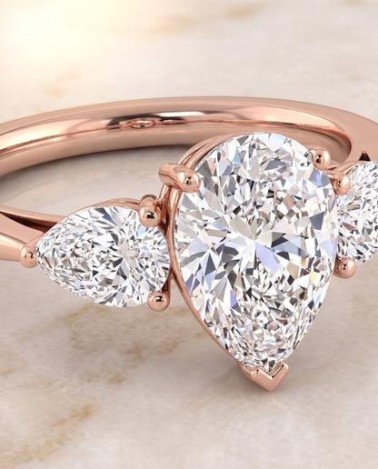 The Angelica Three Stone Matched Pear Engagement Ring Setting in 14K Rose Gold