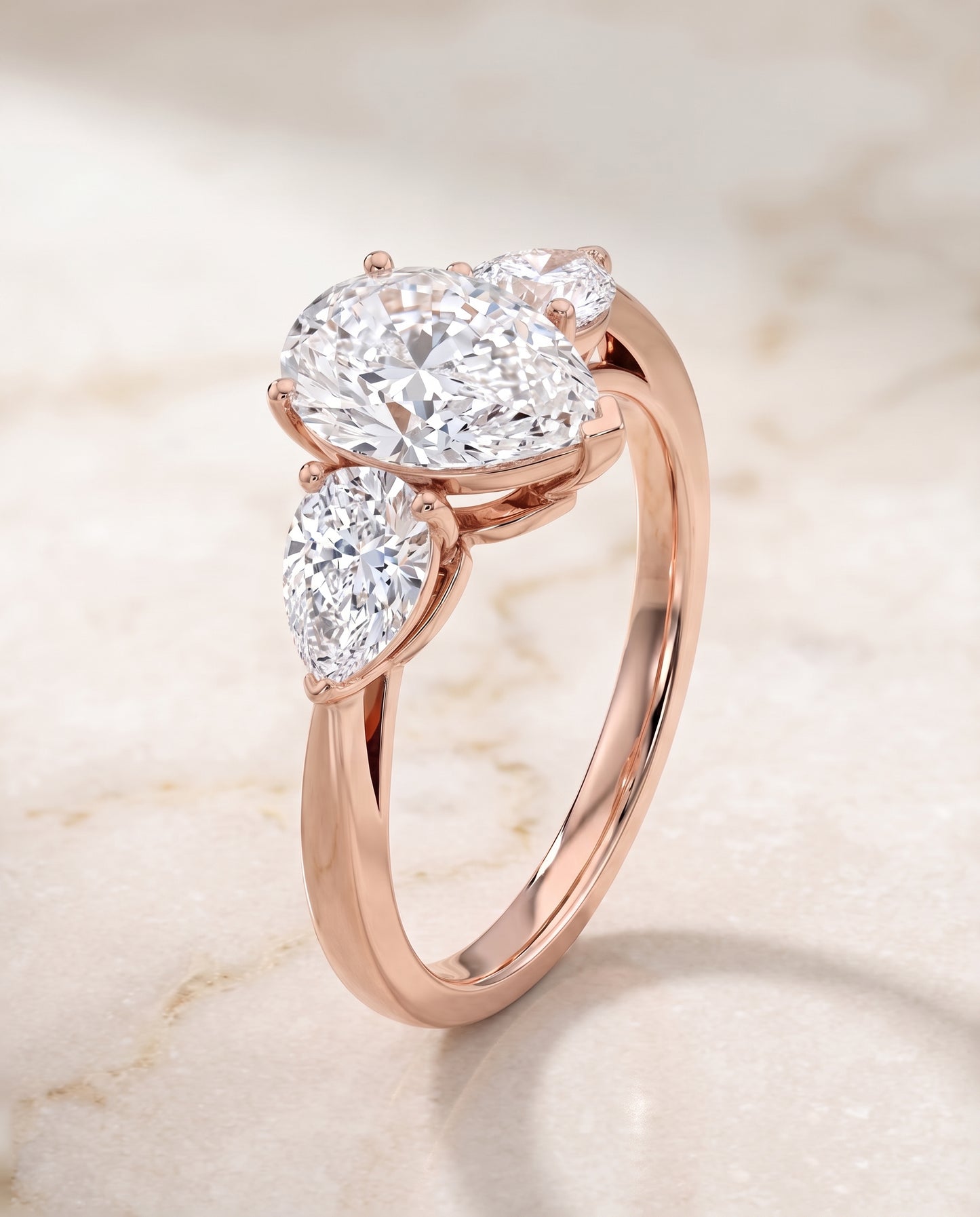 The Angelica Three Stone Matched Pear Engagement Ring Setting in 14K Rose Gold