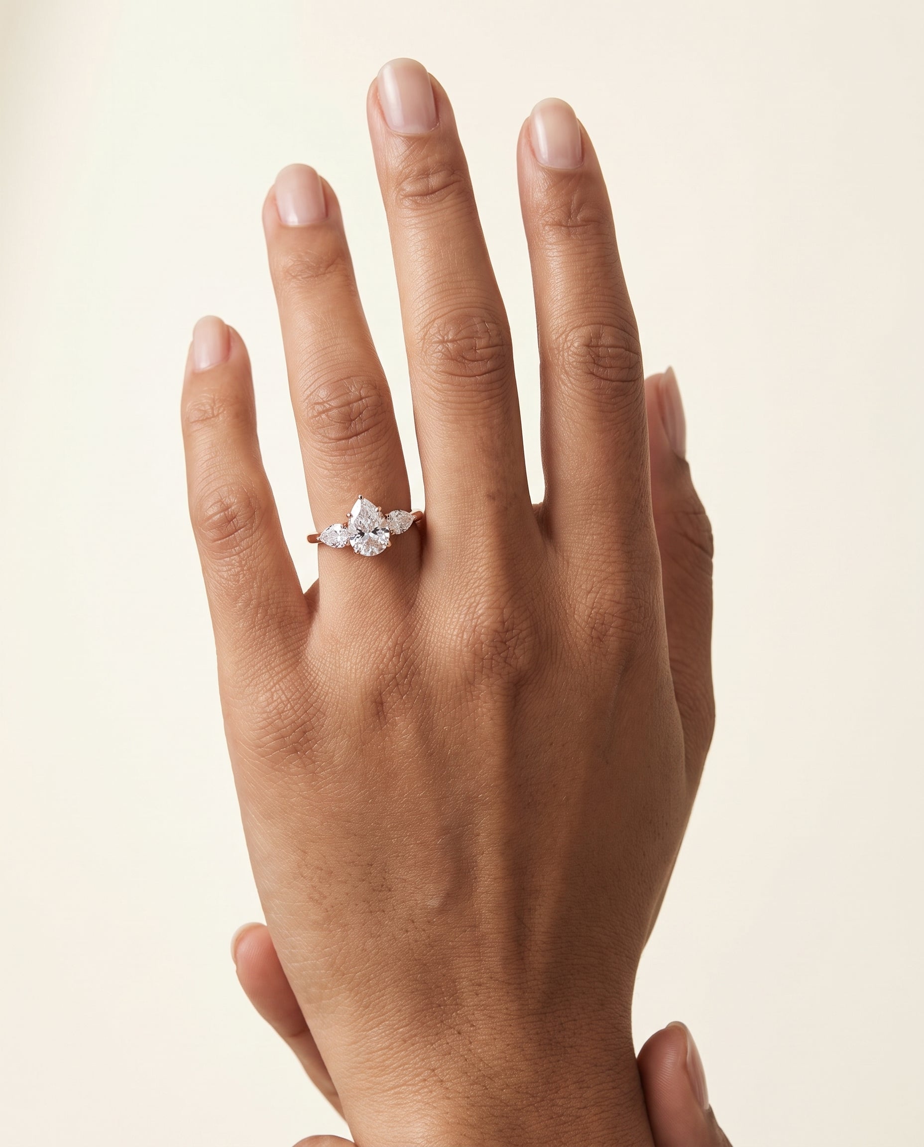 The Angelica Three Stone Matched Pear Engagement Ring Setting in 14K Rose Gold