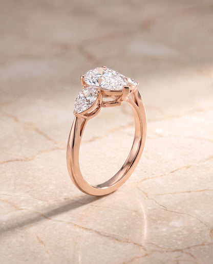 The Angelica Three Stone Matched Pear Engagement Ring Setting in 14K Rose Gold