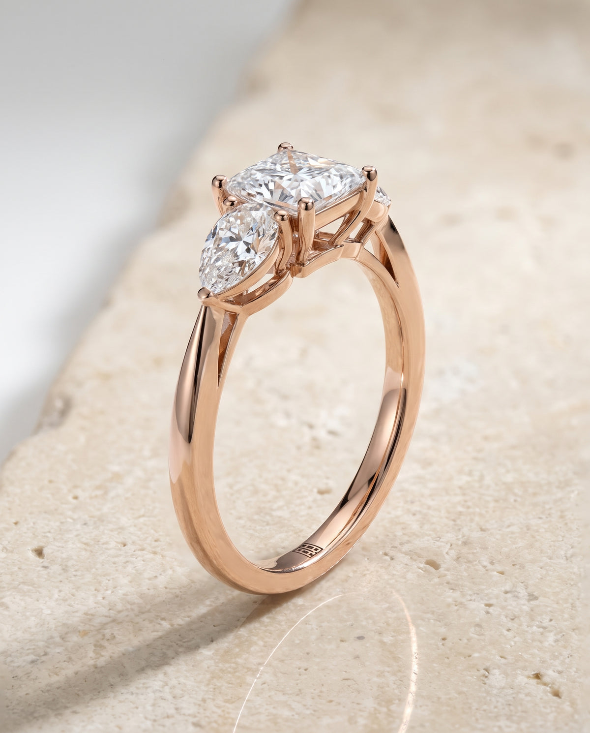 The Angelica Three Stone Matched Princess Cut Engagement Ring Setting in 14K Rose Gold