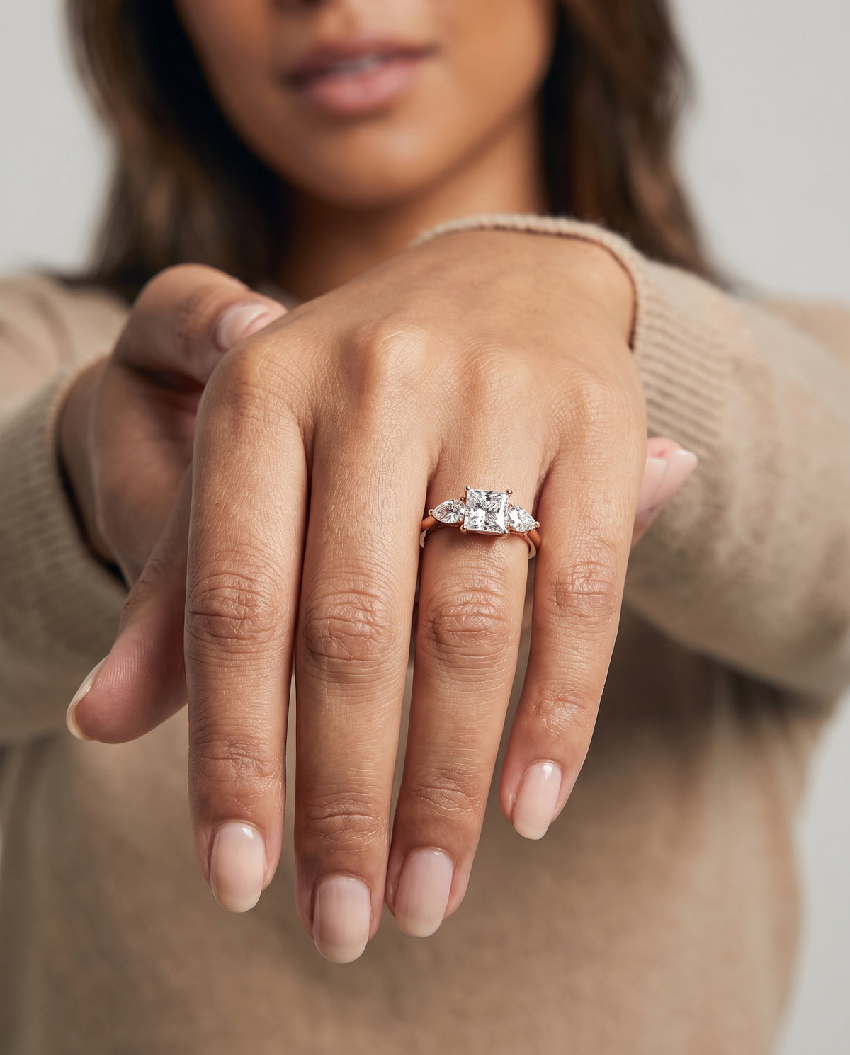The Angelica Three Stone Matched Princess Cut Engagement Ring Setting in 14K Rose Gold