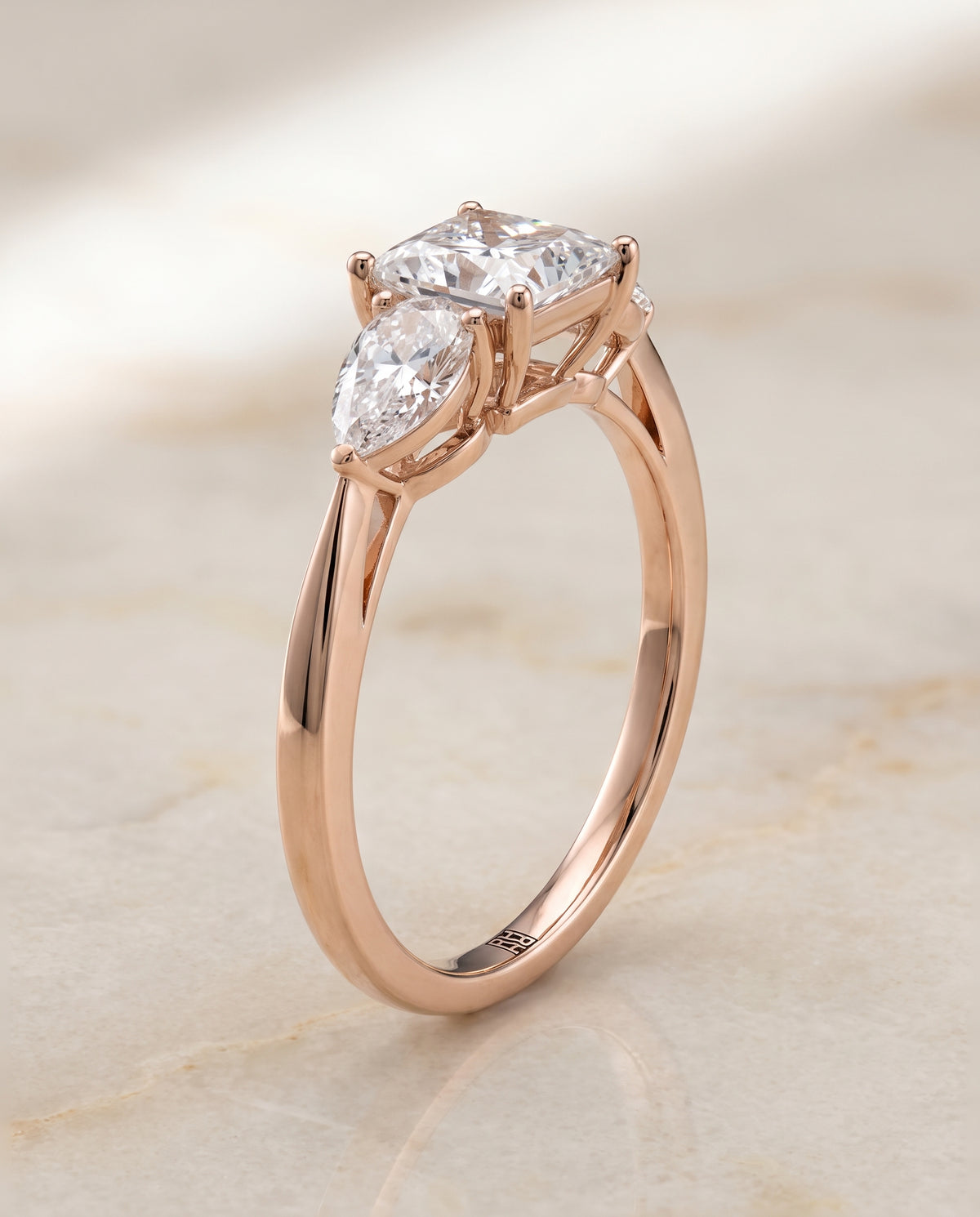 The Angelica Three Stone Matched Princess Cut Engagement Ring Setting in 14K Rose Gold
