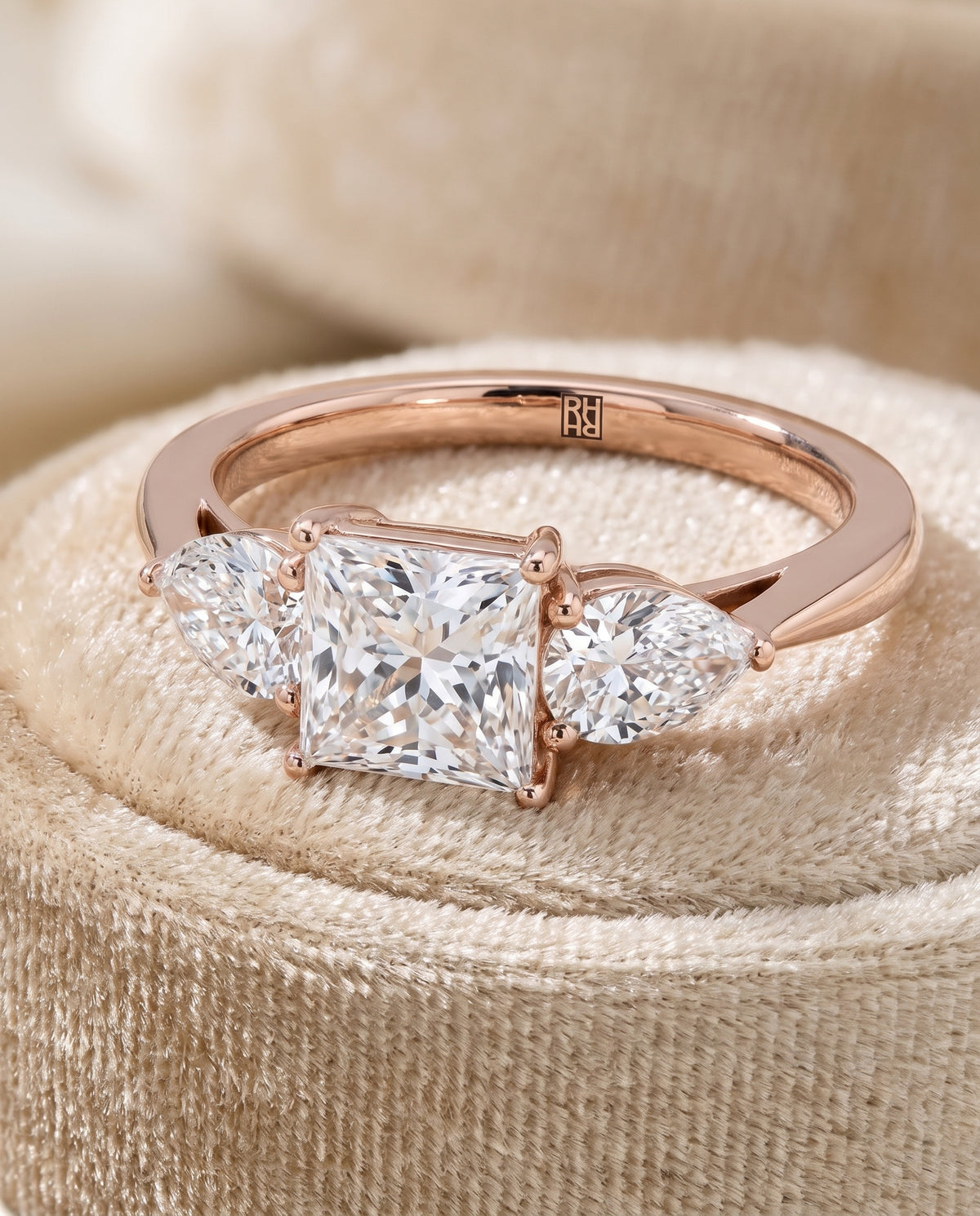 The Angelica Three Stone Matched Princess Cut Engagement Ring Setting in 14K Rose Gold