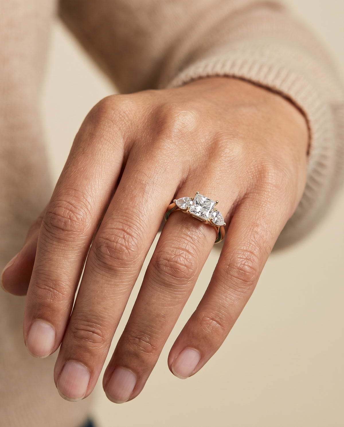 The Angelica engagement ring setting in 18K Yellow Gold, three stone matched design | RockHer