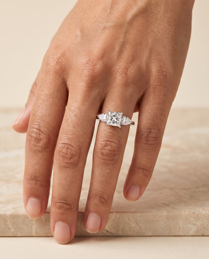 The Angelica Three Stone Matched Princess Cut Engagement Ring Setting in 18K White Gold