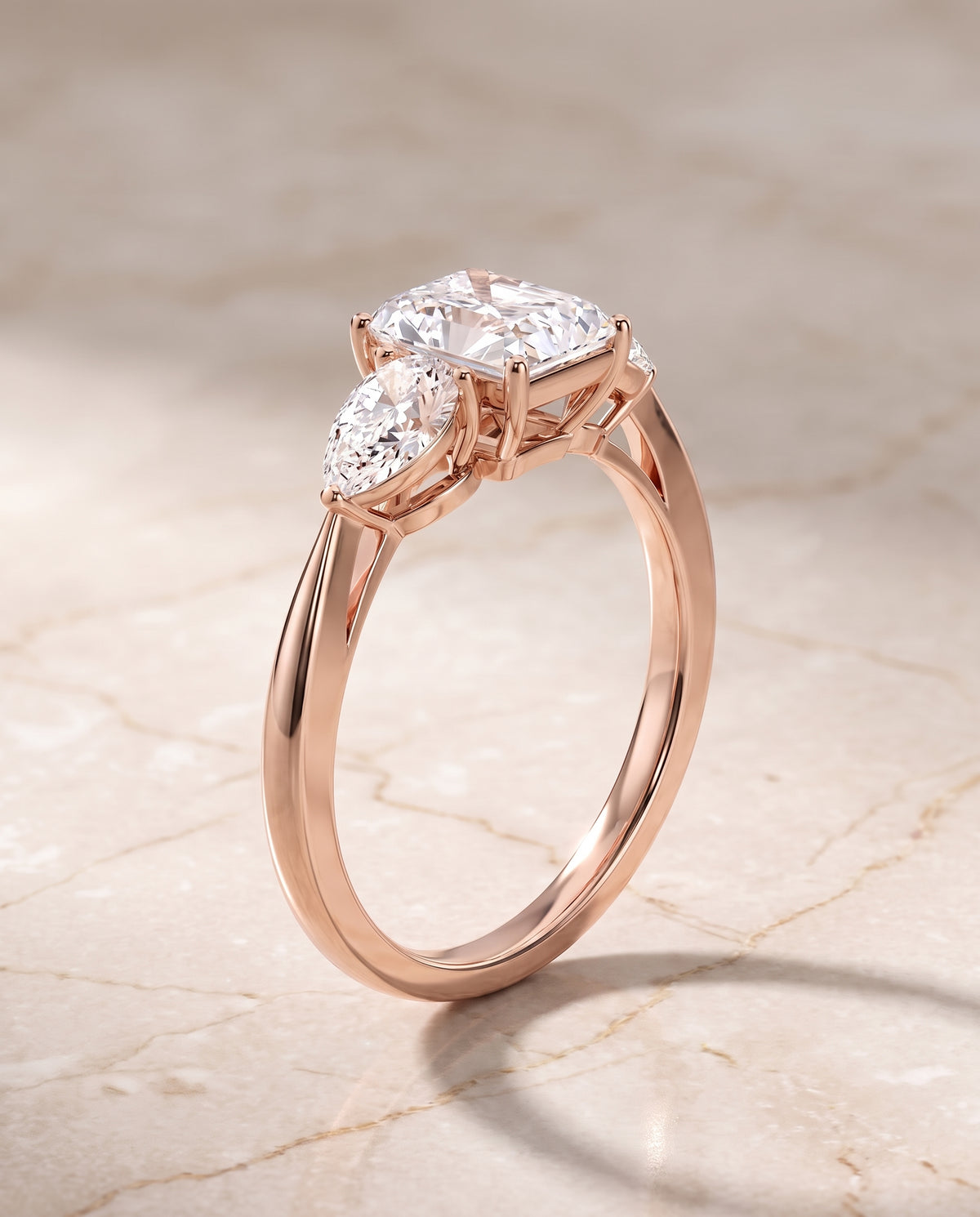 The Angelica Three Stone Matched Radiant Cut Engagement Ring Setting in 14K Rose Gold