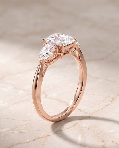 The Angelica Three Stone Matched Radiant Cut Engagement Ring Setting in 14K Rose Gold