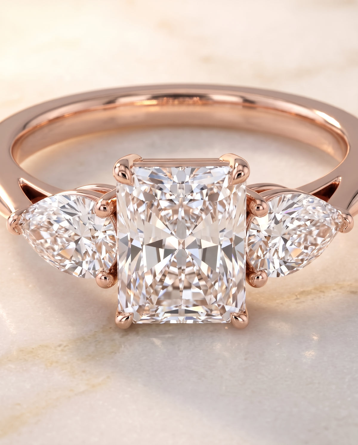 The Angelica Three Stone Matched Radiant Cut Engagement Ring Setting in 14K Rose Gold