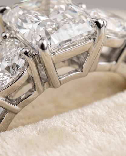 The Angelica Three Stone Matched Radiant Cut Engagement Ring Setting in Platinum