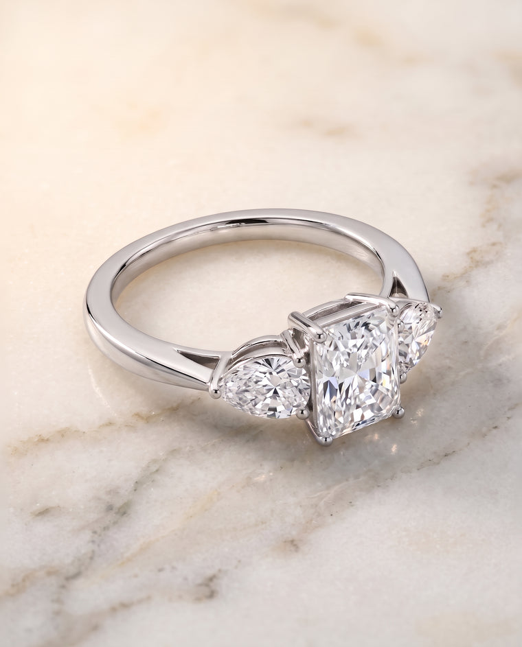 The Angelica Three Stone Matched Radiant Cut Engagement Ring Setting in Platinum