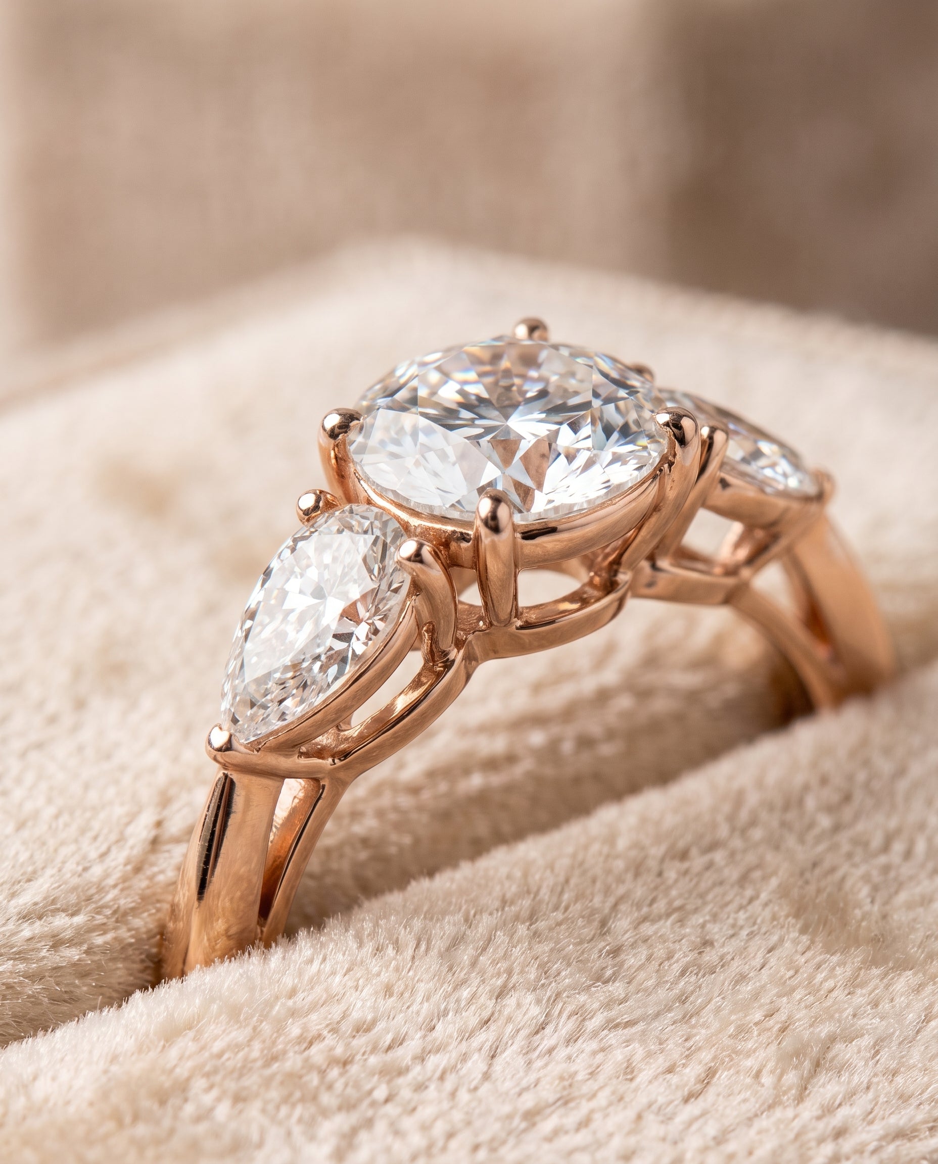 The Angelica Three Stone Matched Round Engagement Ring Setting in 14K Rose Gold