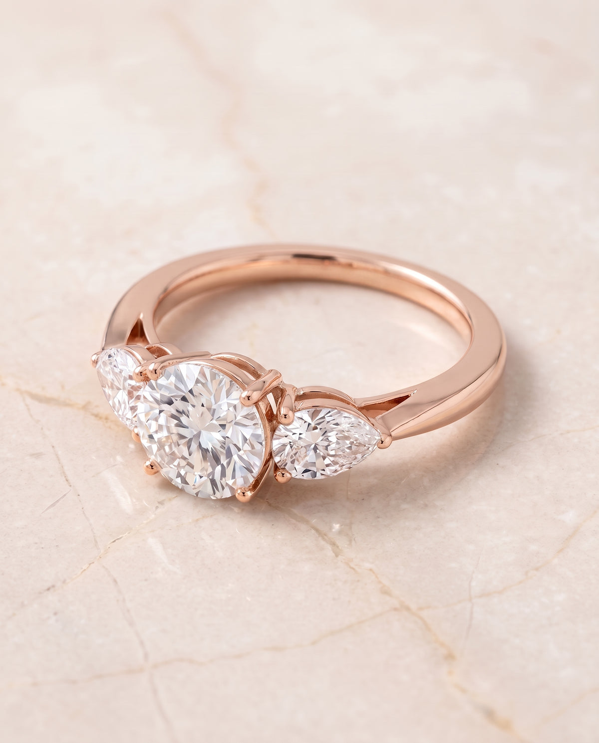 The Angelica Three Stone Matched Round Engagement Ring Setting in 14K Rose Gold