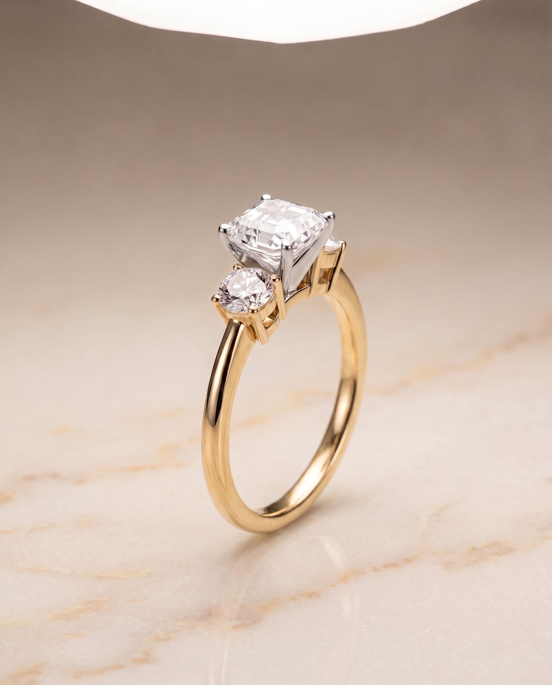 Classic Three Stone Cut styling on The Anita asscher engagement ring setting | RockHer