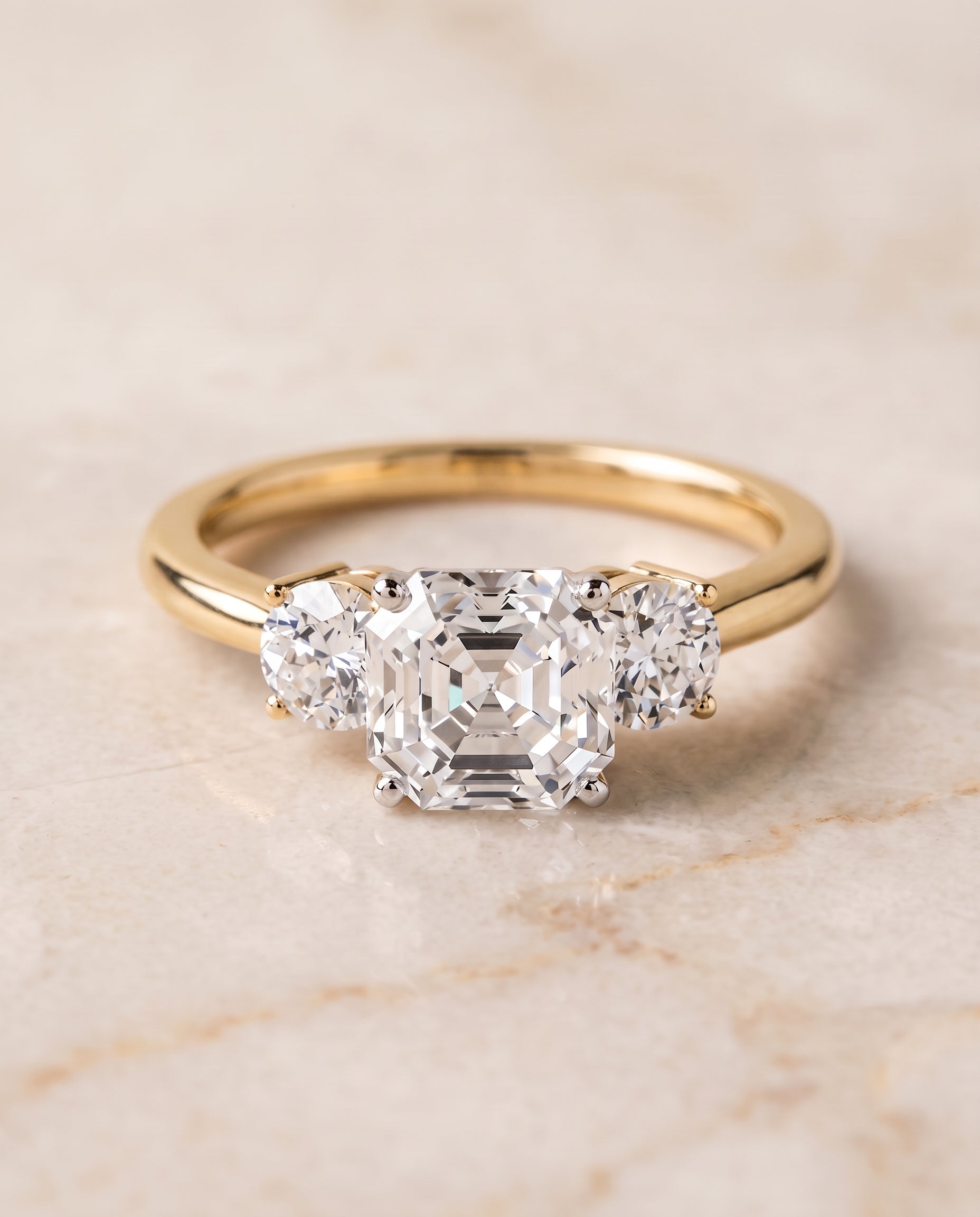 The Anita Classic Three Stone Asscher Cut Engagement Ring Setting in 18K Yellow Gold