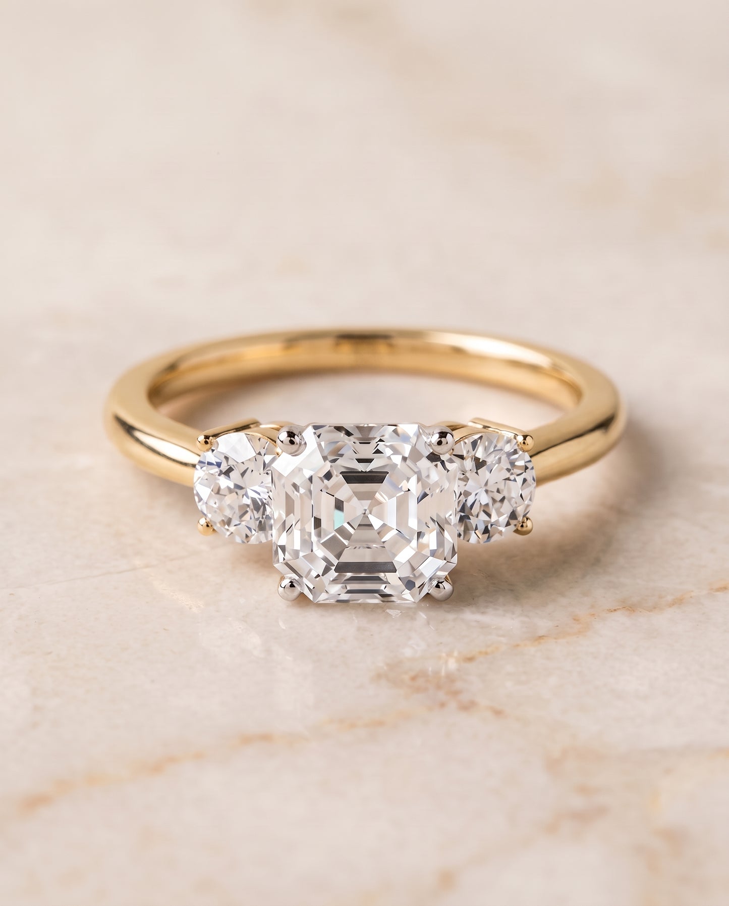 The Anita Classic Three Stone Asscher Cut Engagement Ring Setting in 18K Yellow Gold
