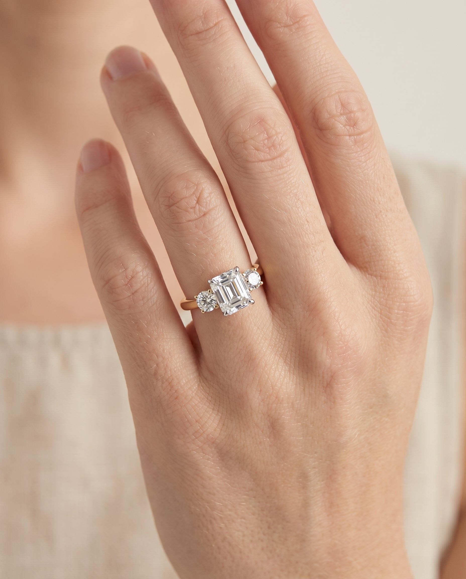 The Anita engagement ring setting in 18K Yellow Gold, classic three stone cut design | RockHer