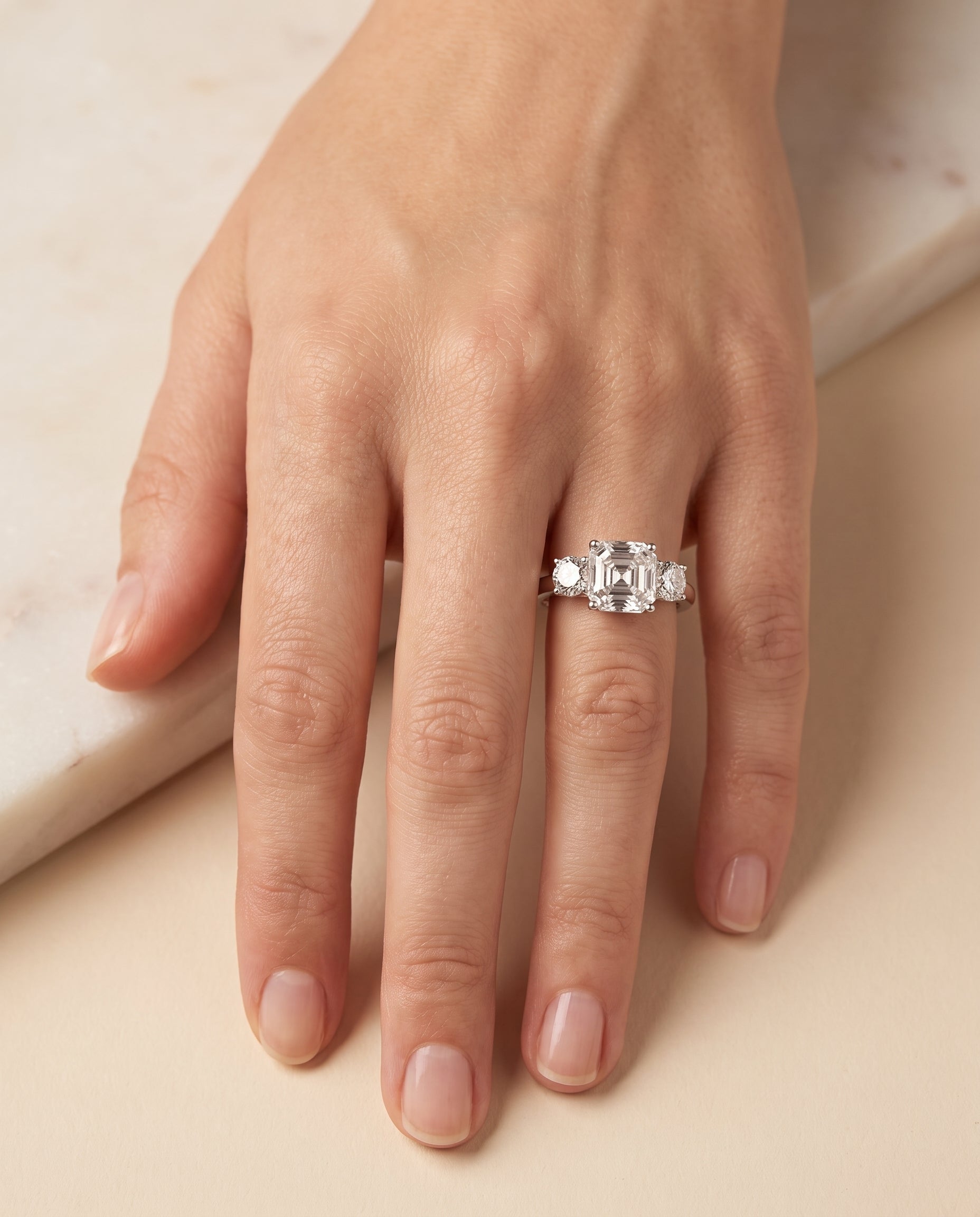 The Anita Classic Three Stone Asscher Cut Engagement Ring Setting in Platinum