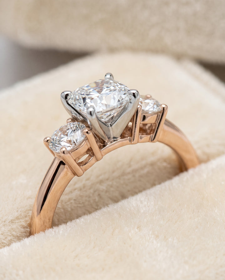 The Anita Classic Three Stone Cushion Cut Engagement Ring Setting in 14K Rose Gold