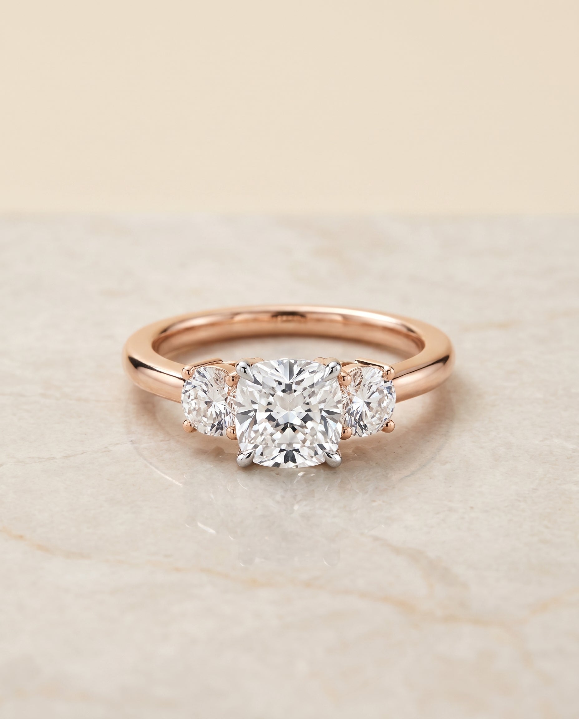 The Anita Classic Three Stone Cushion Cut Engagement Ring Setting in 14K Rose Gold