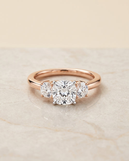 The Anita Classic Three Stone Cushion Cut Engagement Ring Setting in 14K Rose Gold